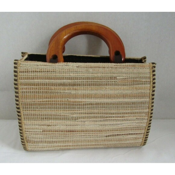 Mini Straw Purse Vintage Raffia Lined Wood Handles Cork Floral Design - Picture 4 of 5